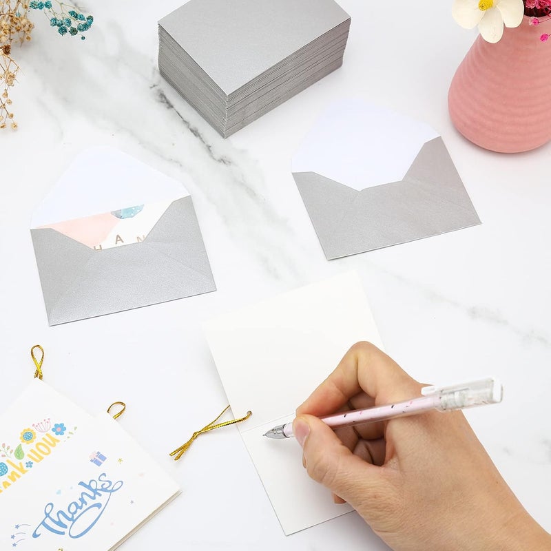 Keketer 100 Pack 4 x 2.75" Mini Envelopes Metallic Silver 120GSM Gift Card Envelopes Bulk Small Paper Gift Card Sleeves Greeting Card Business Card Tiny Envelope Pockets for Card & Invitation - Image 2